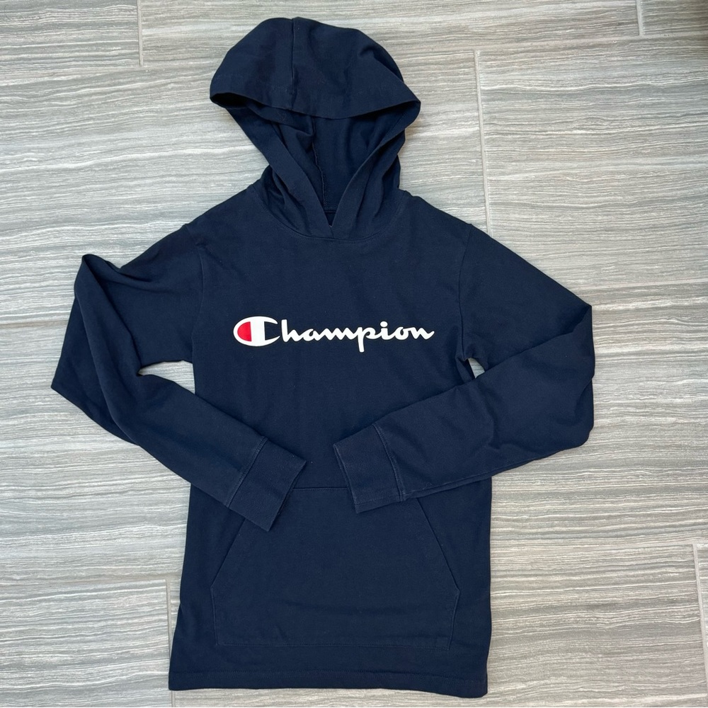 Champion navy long sleeve hoodie tshirt w/ kangaroo pocket- soft & comfortable